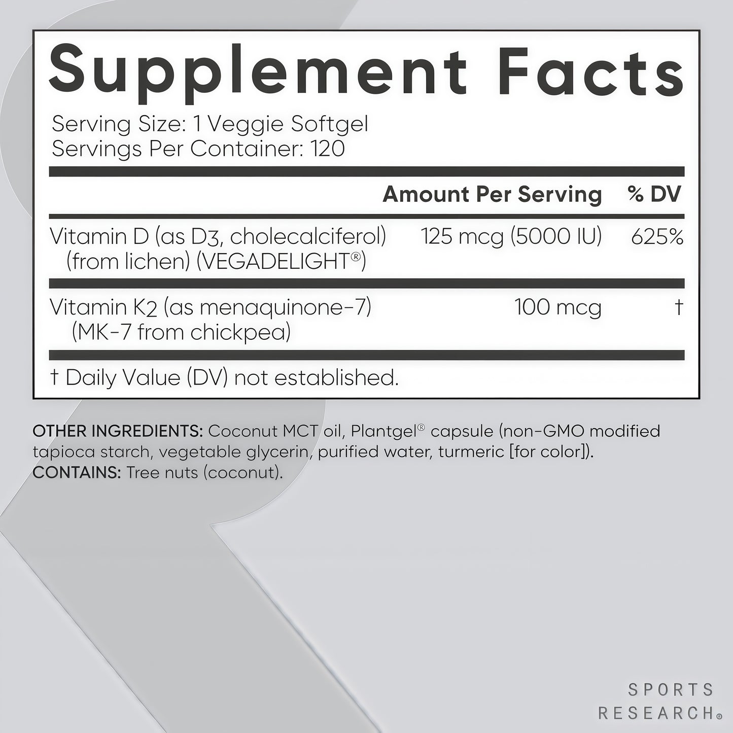 Sports Research Vitamin D3 with K2 Softgels - Plant Based K2 & Vegan D3 5000iu with Coconut MCT Oil - Vegan Certified, Soy & Gluten Free - 120 Count