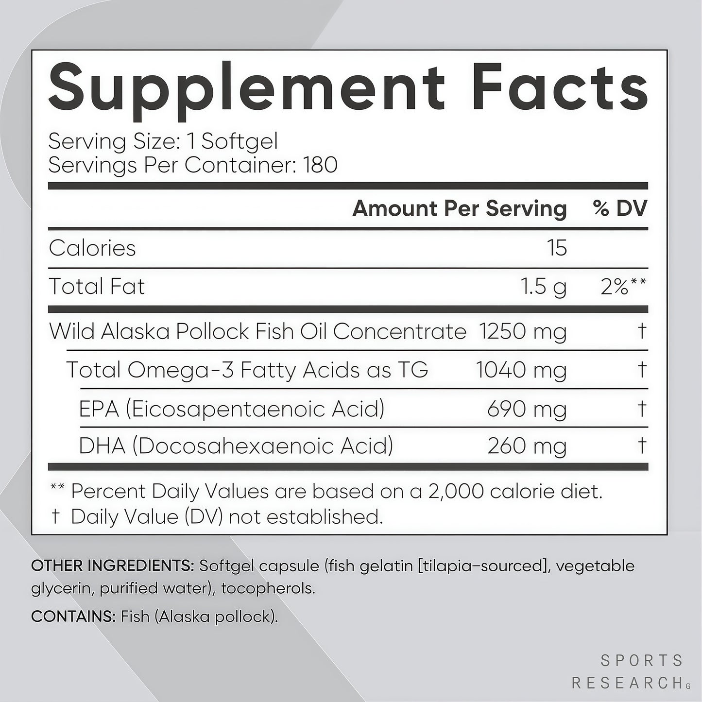 Sports Research® Omega-3 Fish Oil 1250 - Triple Strength Fish Oil Supplement from Wild Alaska Pollock - MSC Certified Sustainable · Non-GMO · Soy Free - 180 Softgel Capsules