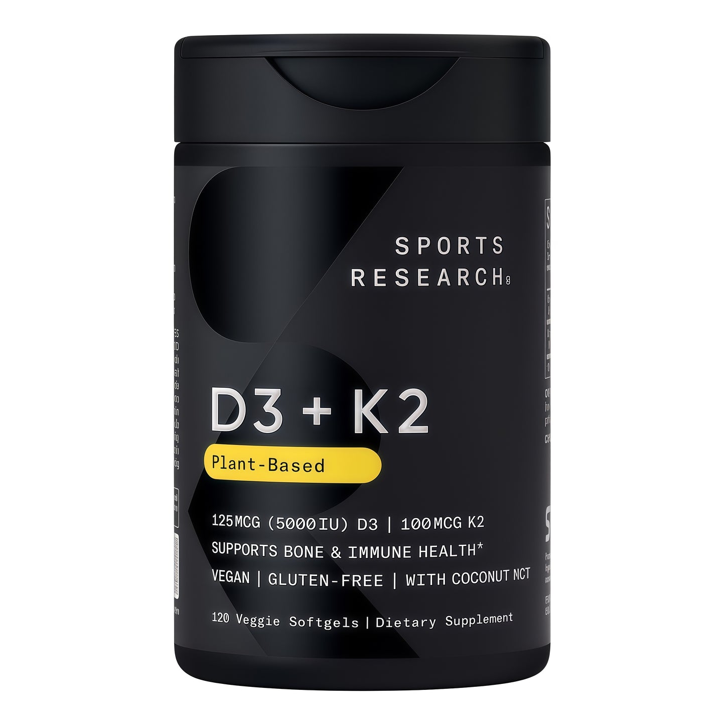 Sports Research Vitamin D3 with K2 Softgels - Plant Based K2 & Vegan D3 5000iu with Coconut MCT Oil - Vegan Certified, Soy & Gluten Free - 120 Count