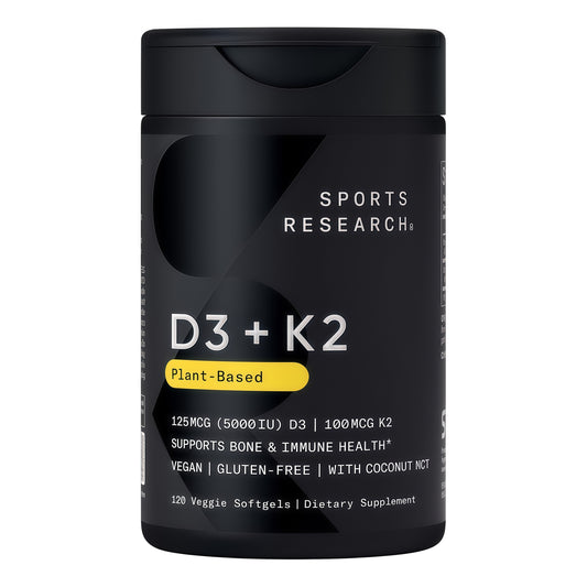 Sports Research Vitamin D3 with K2 Softgels - Plant Based K2 & Vegan D3 5000iu with Coconut MCT Oil - Vegan Certified, Soy & Gluten Free - 120 Count