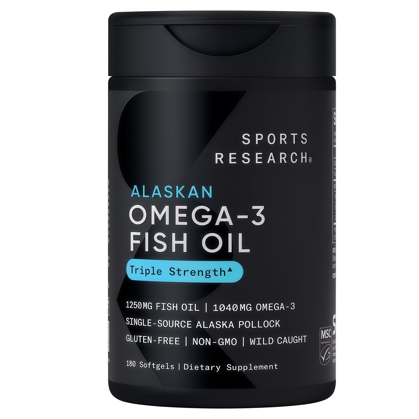Sports Research® Omega-3 Fish Oil 1250 - Triple Strength Fish Oil Supplement from Wild Alaska Pollock - MSC Certified Sustainable · Non-GMO · Soy Free - 180 Softgel Capsules