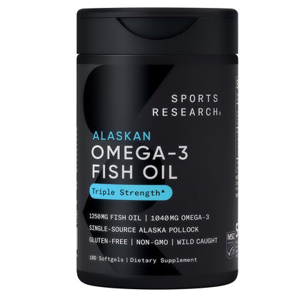 Sports Research® Omega-3 Fish Oil 1250 - Triple Strength Fish Oil Supplement from Wild Alaska Pollock - MSC Certified Sustainable · Non-GMO · Soy Free - 180 Softgel Capsules