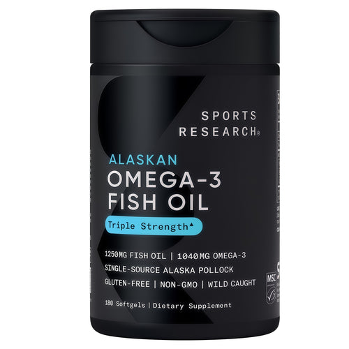 Sports Research® Omega-3 Fish Oil 1250 - Triple Strength Fish Oil Supplement from Wild Alaska Pollock - MSC Certified Sustainable · Non-GMO · Soy Free - 180 Softgel Capsules