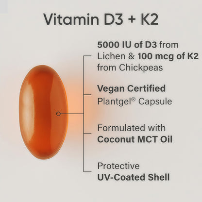 Sports Research Vitamin D3 with K2 Softgels - Plant Based K2 & Vegan D3 5000iu with Coconut MCT Oil - Vegan Certified, Soy & Gluten Free - 120 Count