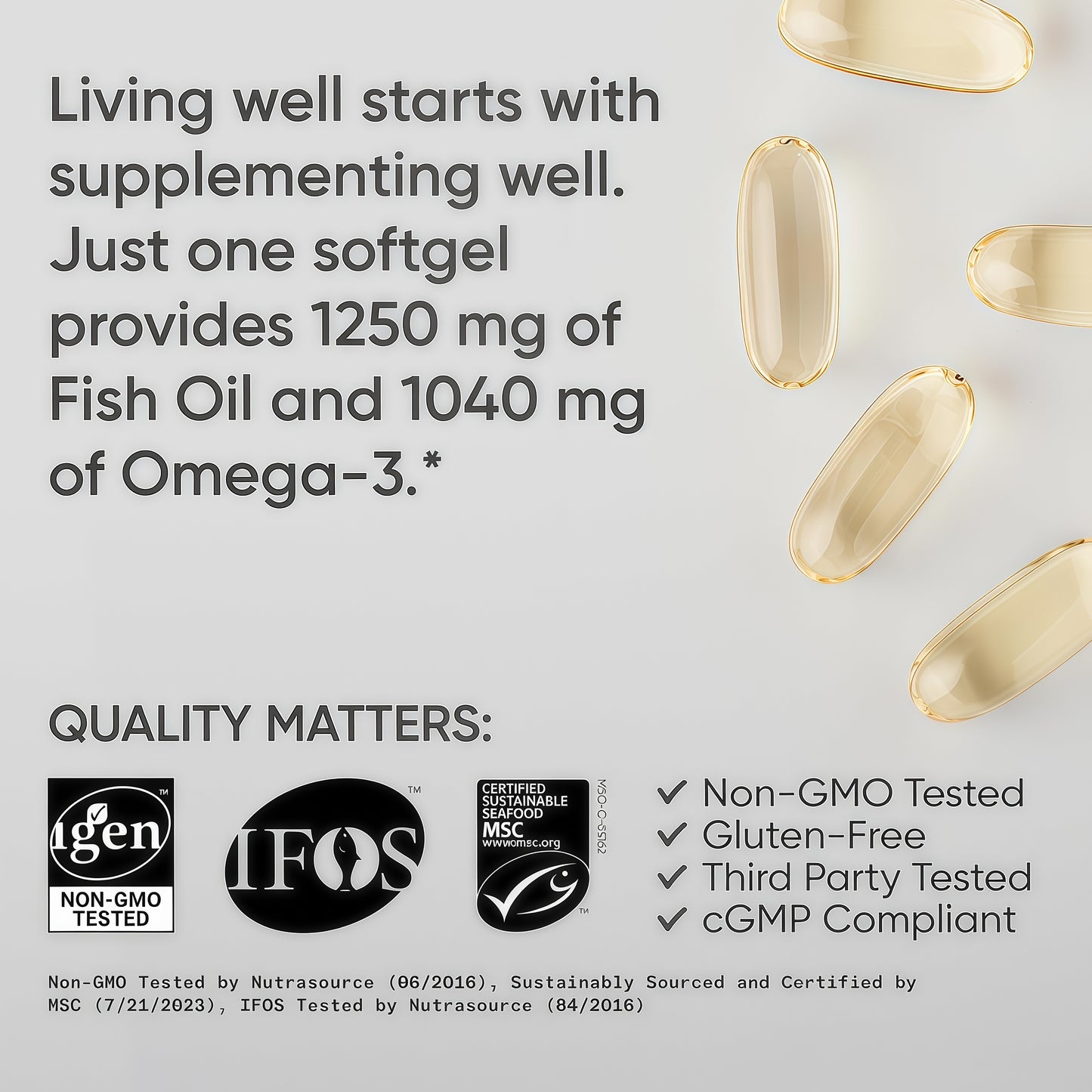 Sports Research® Omega-3 Fish Oil 1250 - Triple Strength Fish Oil Supplement from Wild Alaska Pollock - MSC Certified Sustainable · Non-GMO · Soy Free - 180 Softgel Capsules