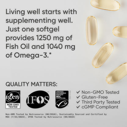 Sports Research® Omega-3 Fish Oil 1250 - Triple Strength Fish Oil Supplement from Wild Alaska Pollock - MSC Certified Sustainable · Non-GMO · Soy Free - 180 Softgel Capsules